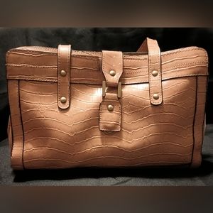 Bueno Faux Leather Satchel In Tan Reptile Snakeskin with Gold Hardware.
